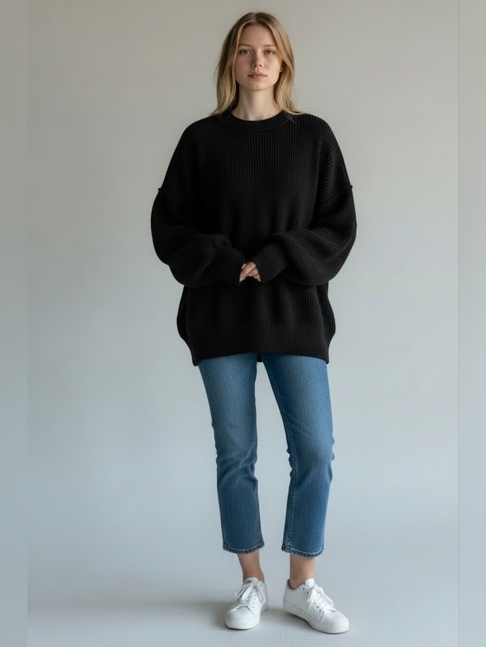 Aerie Black Oversized Knit Sweater SZ L